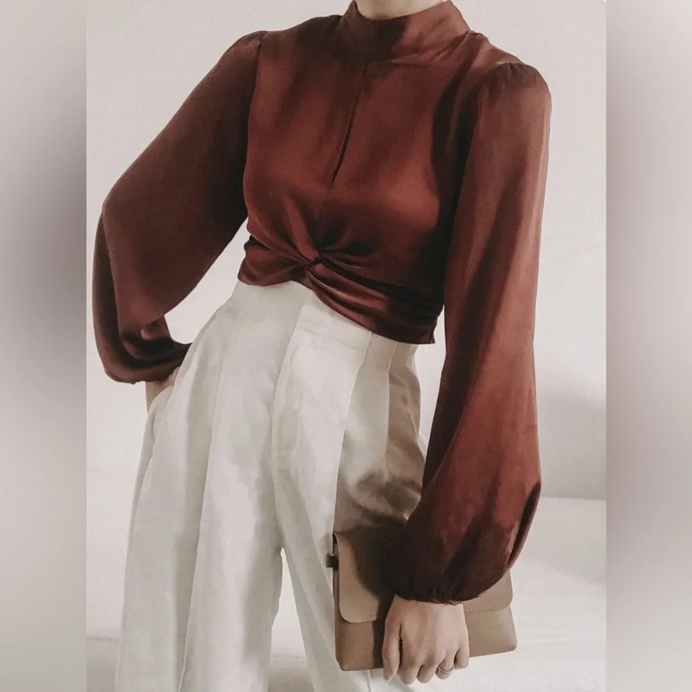 ZARA Burgundy Crop Top Satin Blouse - Picture 1 of 3